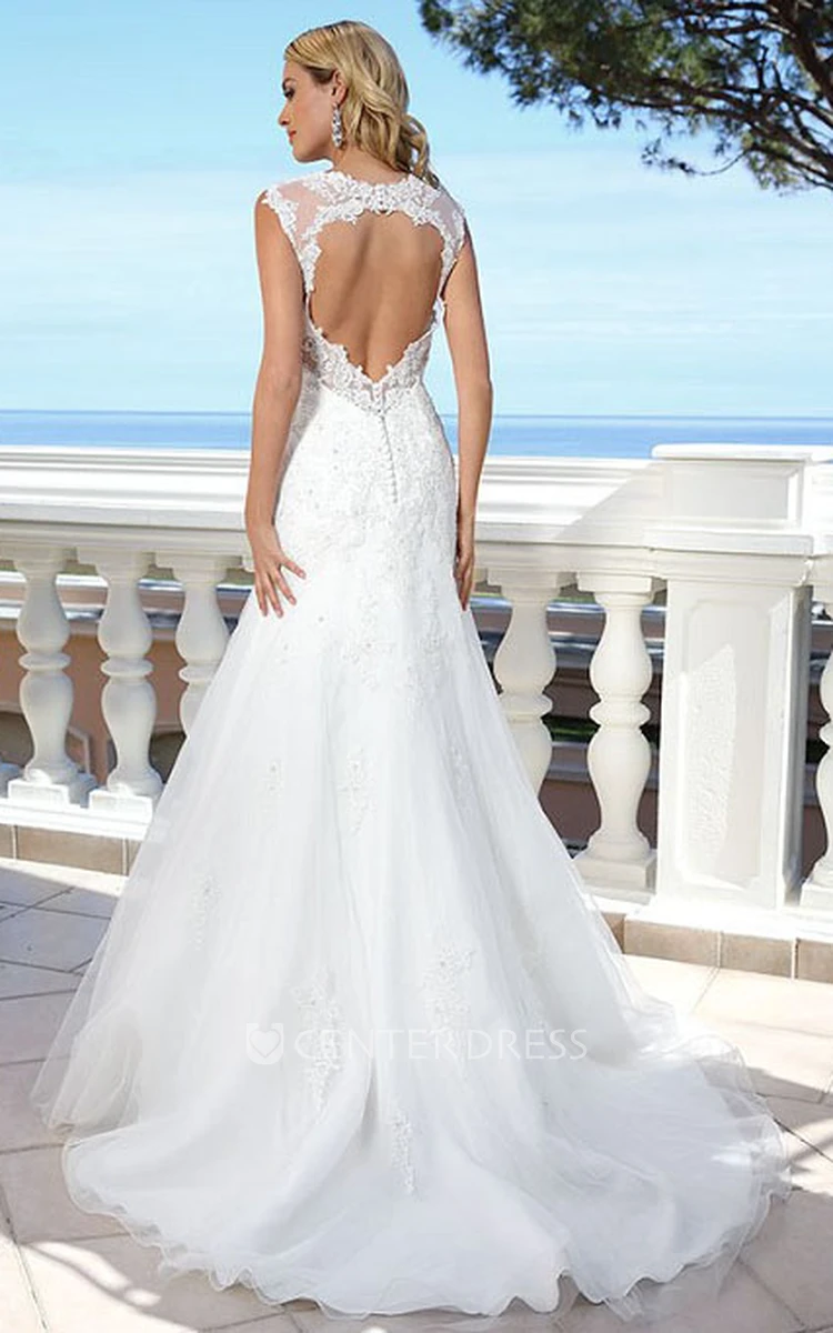 Floor-Length Straps Appliqued Lace Wedding Dress With Court Train And Keyhole