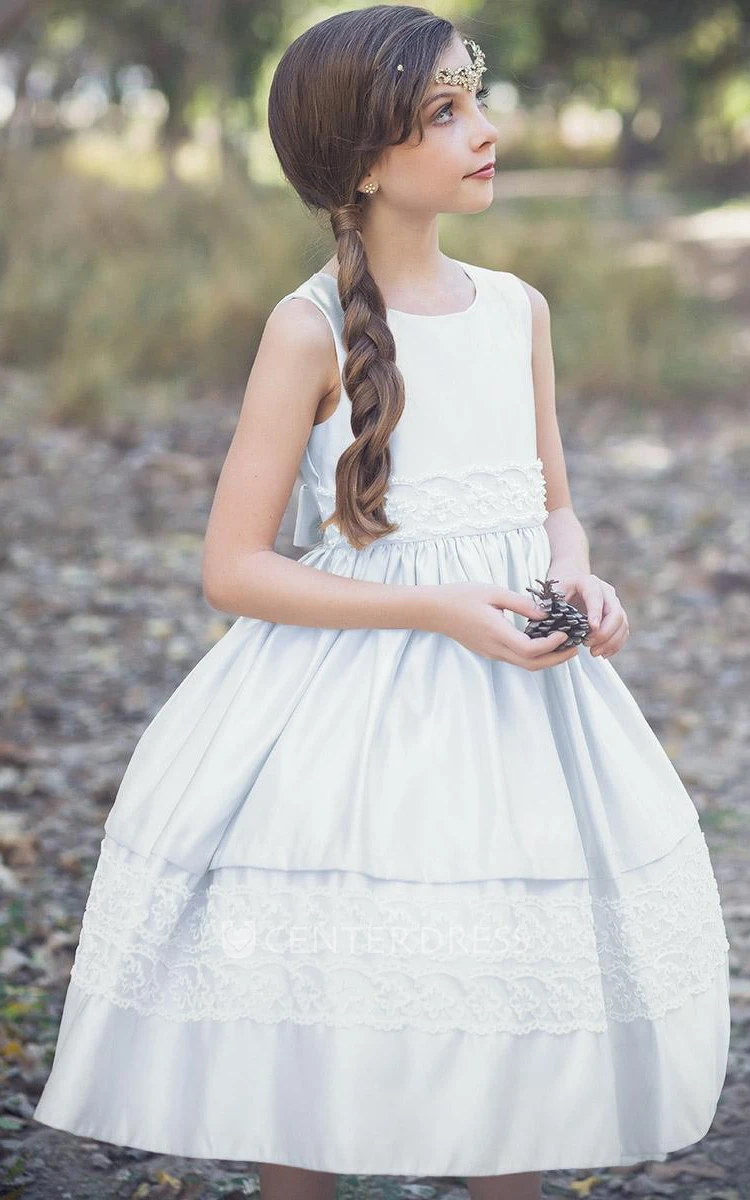 Tea-Length Sequined Tiered Tulle&Lace Flower Girl Dress