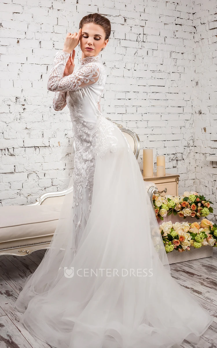 Sheath High Neck Floor-Length Long-Sleeve Lace&Tulle Wedding Dress With Appliques