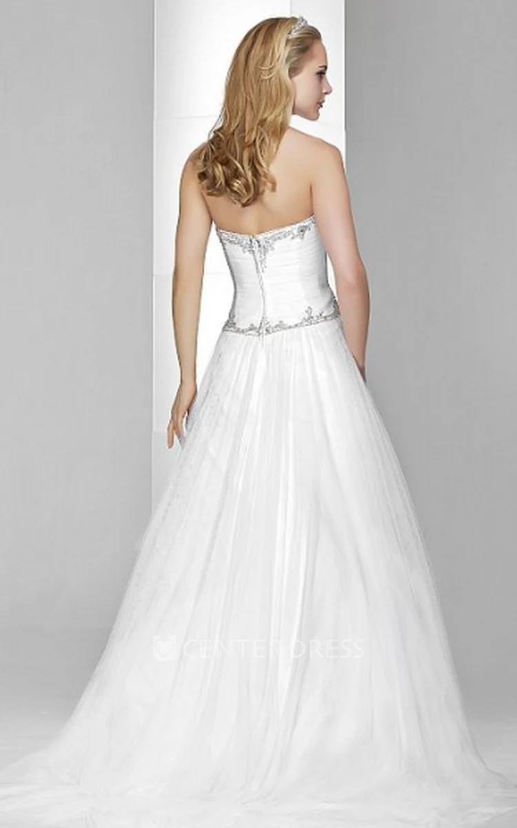 A-Line Sweetheart Ruched Tulle&Satin Wedding Dress With Beading And Zipper
