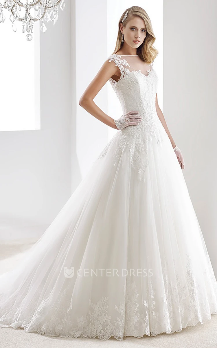 Cap sleeve A-line Illusion Wedding Gown with Appliques and Brush Train