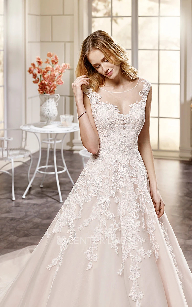 Ball Gown Appliqued Scoop-Neck Maxi Cap-Sleeve Lace Wedding Dress