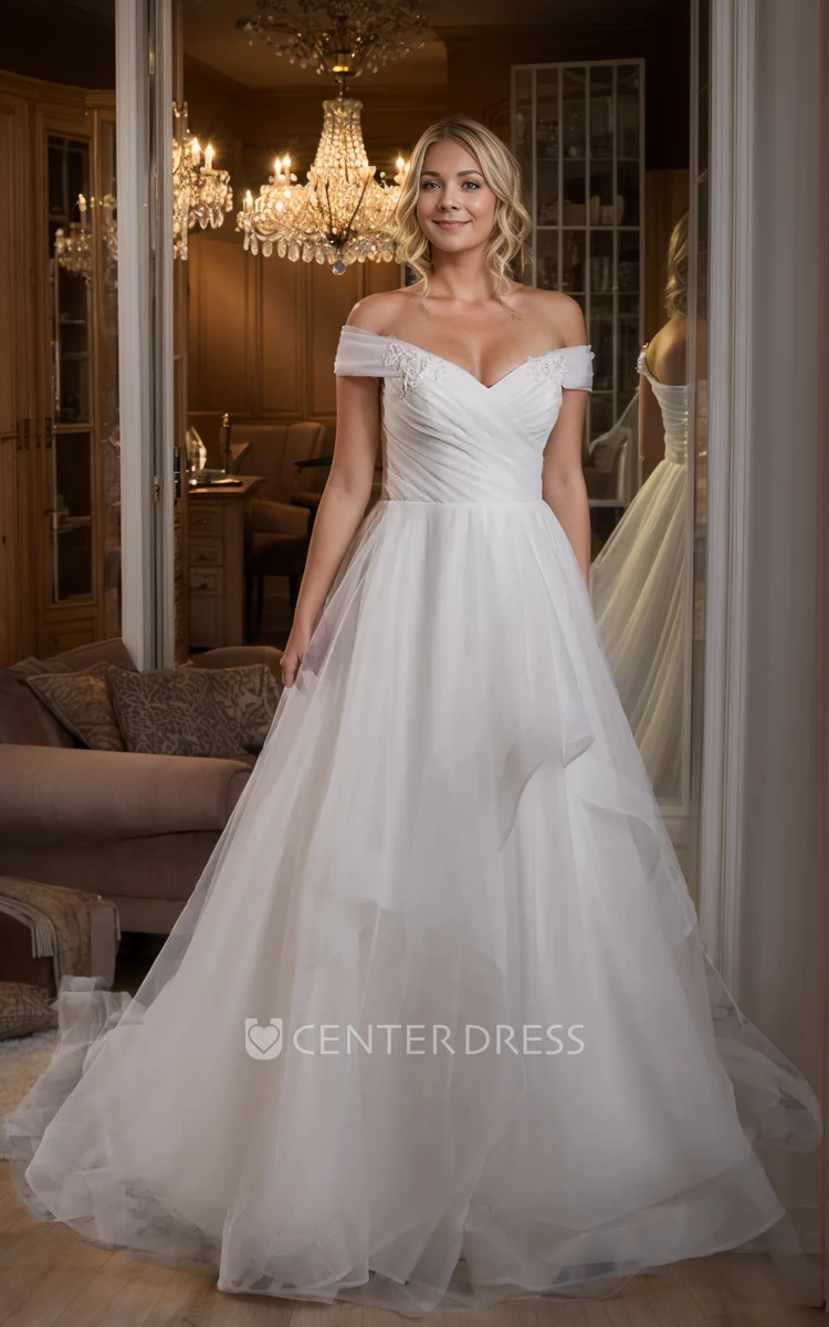 Simple Ethereal Plus Size A-Line Mature Wedding Dress Modern Flowy Off-the-Shoulder Ruffle Beading Ruching Bridal Gown