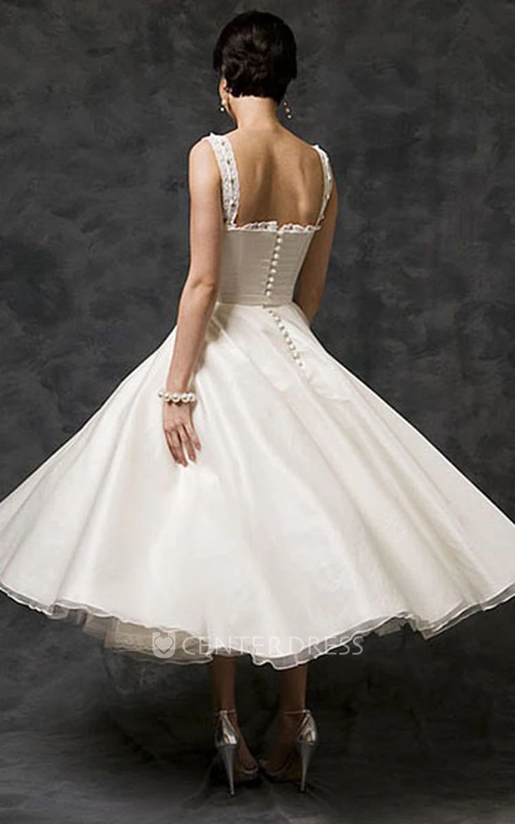 Tea-Length A-Line Sleeveless Strapped Beaded Satin Wedding Dress