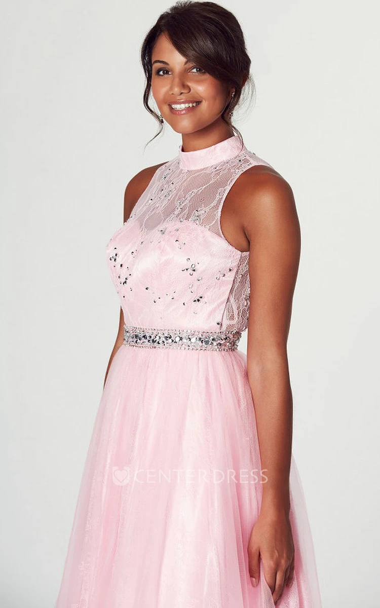 A-Line High Neck Appliqued Sleeveless Tulle Prom Dress