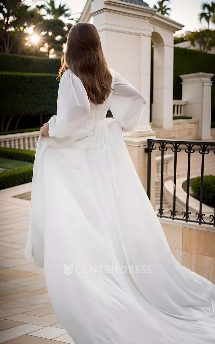 Sexy Solid A-Line Balloon Long Sleeve Floor-length Chiffon Wedding Dress Vintage Elegant Pleats Plunging V-Neck Bridal Gown with V Back Train Sash