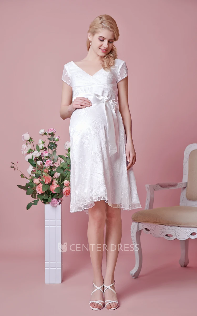 V-neck Knee Length Lace Maternity Wedding Dress With Belt