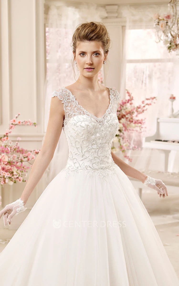 Cap sleeve A-line Wedding Gown with Lace Bodice and Keyhole Back