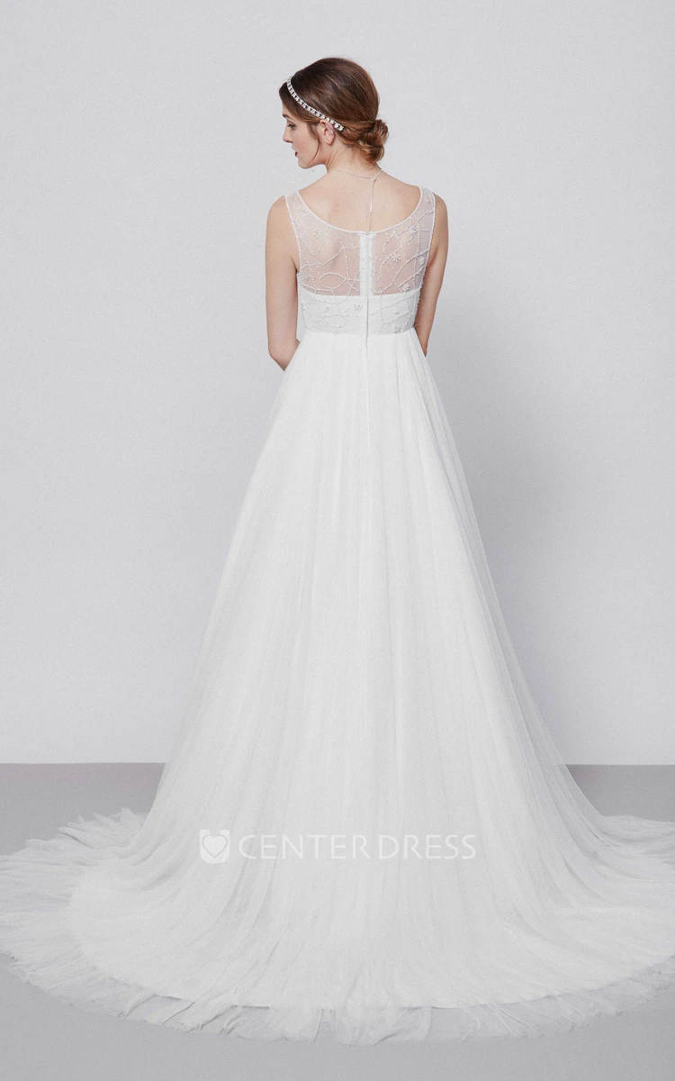 A-Line Scoop-Neck Sleeveless Beaded Floor-Length Tulle Wedding Dress With Pleats