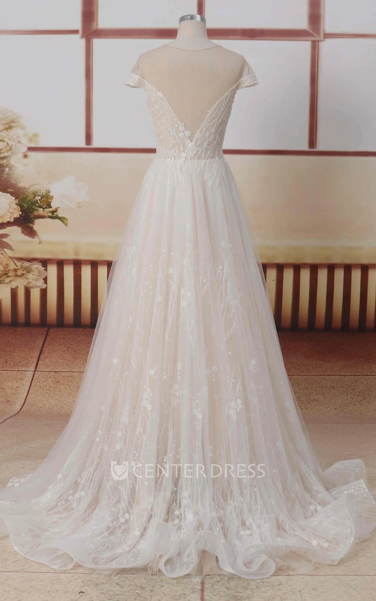 Illusion Back A-line Lace Tulle Jewel Neck Short Illusion Sleeves Wedding Dress With Pleats