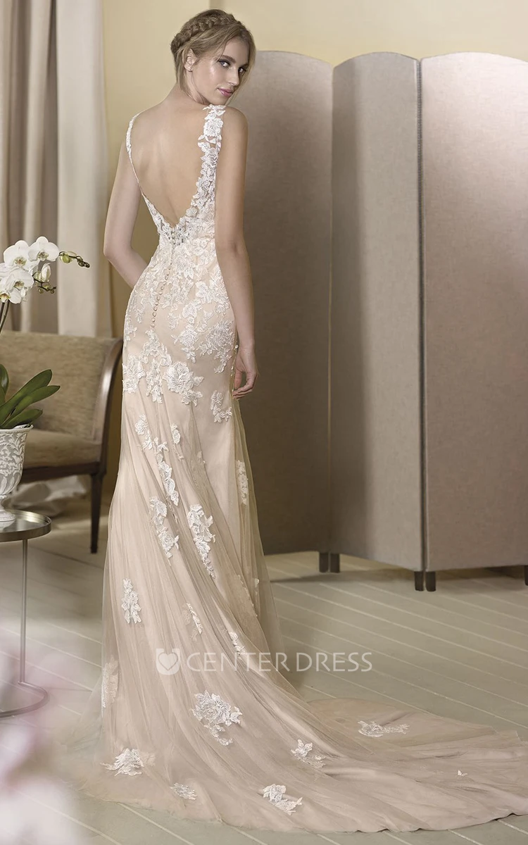 Sheath Square-Neck Sleeveless Floor-Length Appliqued Tulle&Lace Wedding Dress With Beading