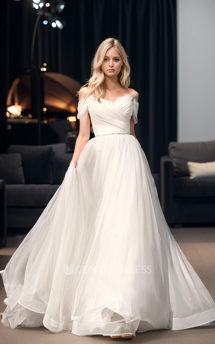 Formal Simple A-Line Off-the-Shoulder Dropped Short Sleeve Wedding Dress Modern Tall City Hall Bridal Gown with Train