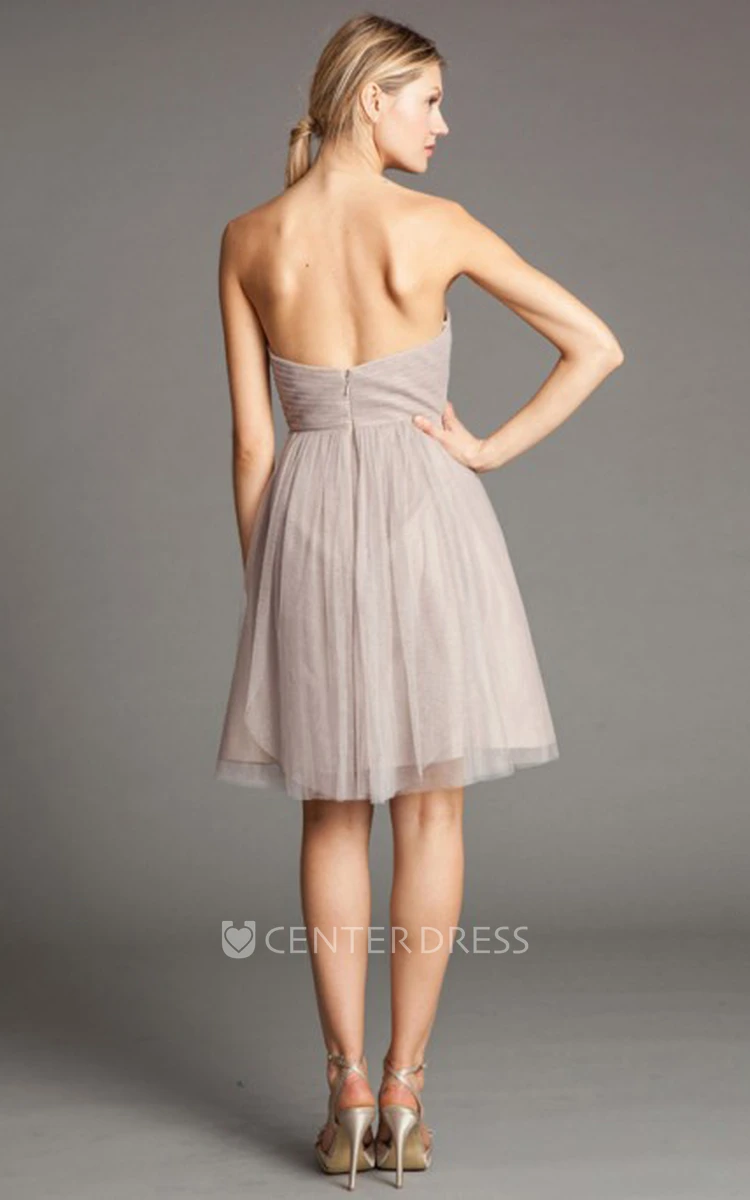 Short Sleeveless Halter Ruched Tulle Bridesmaid Dress With Broach