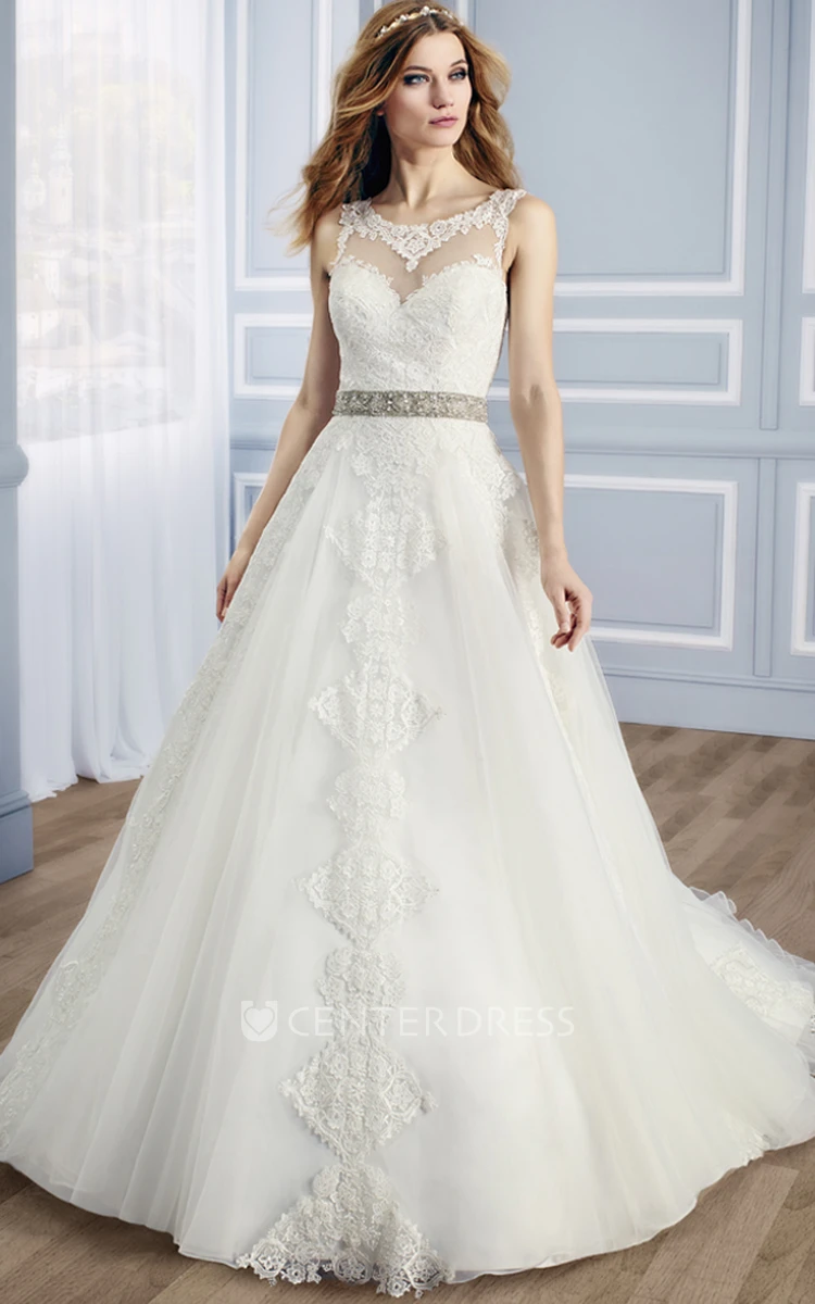 Ball-Gown Appliqued Sleeveless Scoop Long Tulle&Lace Wedding Dress With Waist Jewellery And Low-V Back