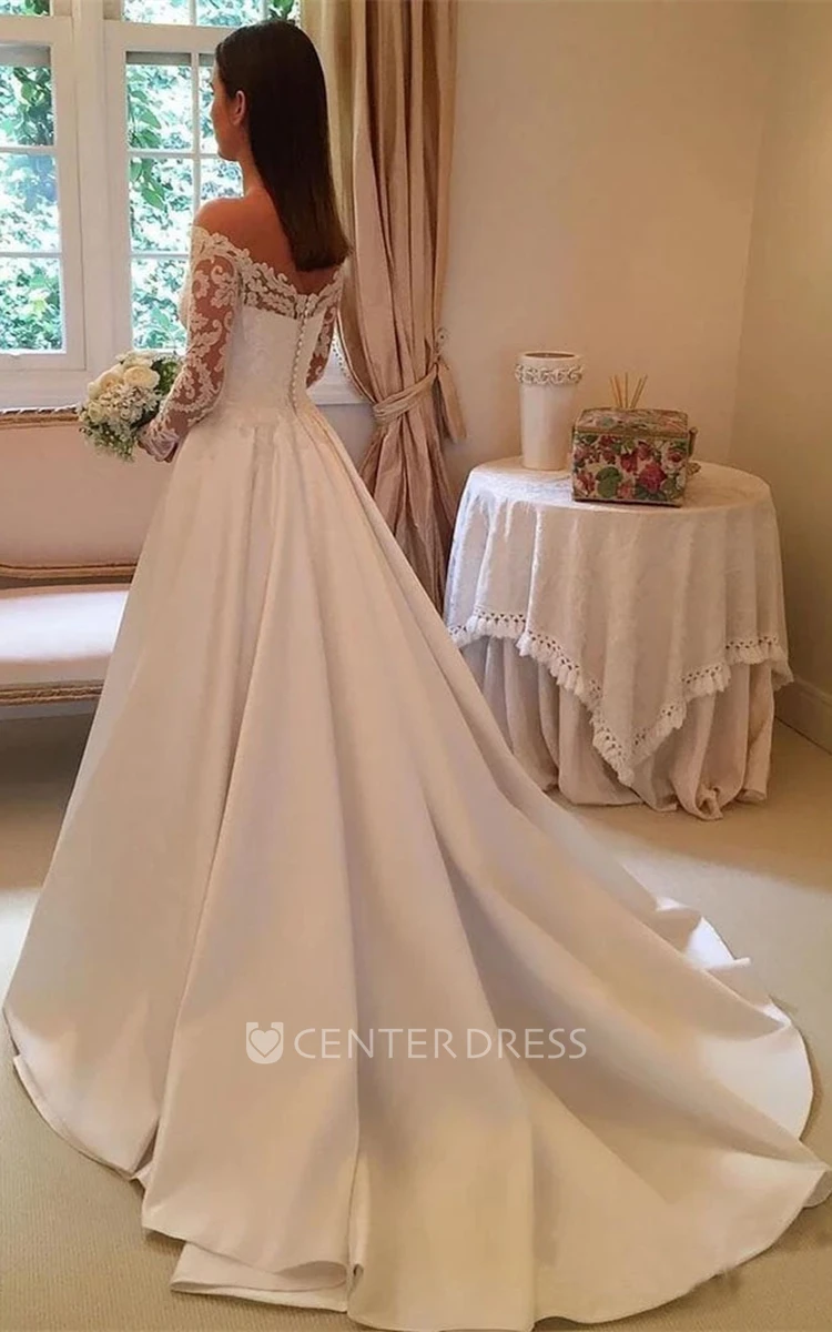Modern Off-the-shoulder A Line Satin Chapel Train Wedding Dress with Appliques