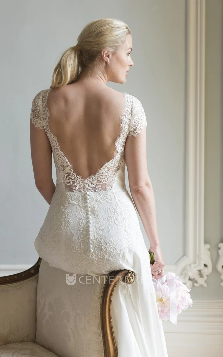 Sheath Cap-Sleeve Floor-Length V-Neck Lace Lace Wedding Dress With Chiffon