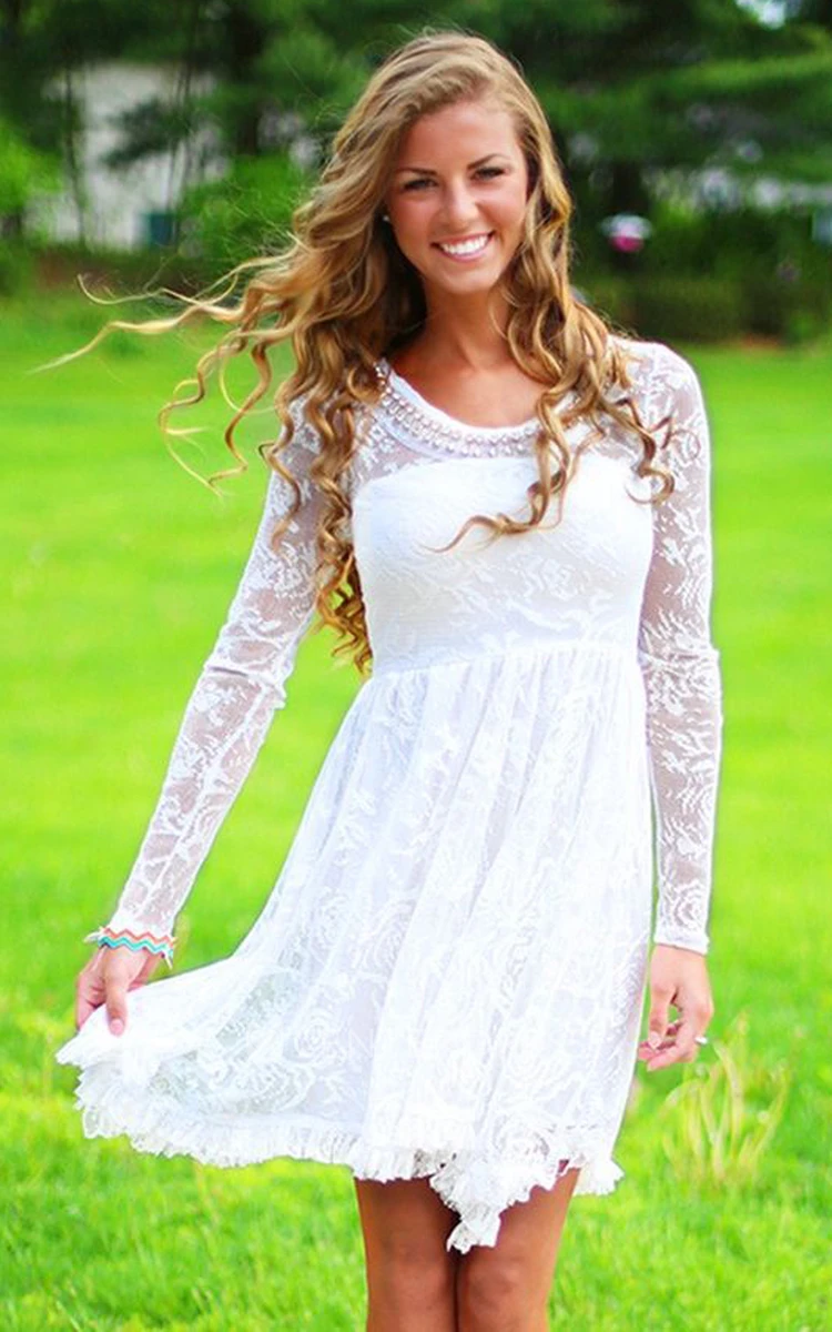 Classic Simple Casual Lace Beach Knee-Length Wedding Dress with Beadings