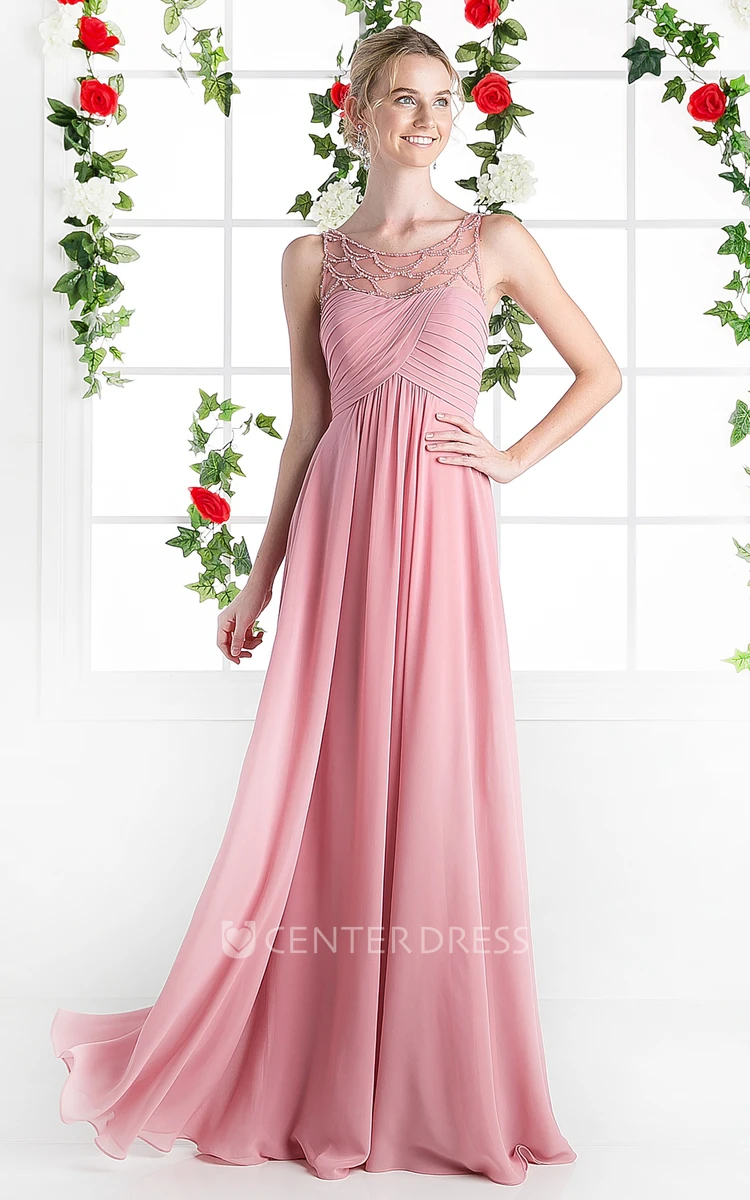 A-Line Scoop-Neck Sleeveless Chiffon Low-V Back Dress With Beading And Ruching