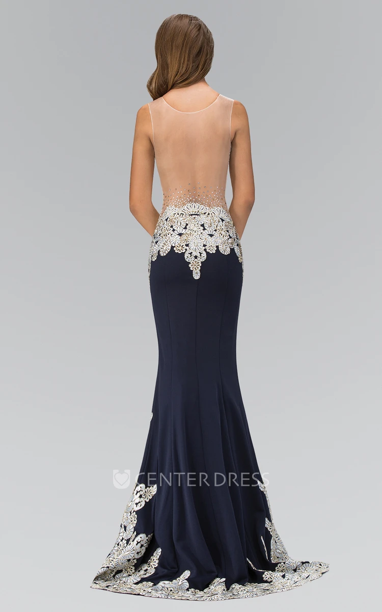 Sheath Scoop-Neck Sleeveless Jersey Illusion Dress With Appliques And Sequins