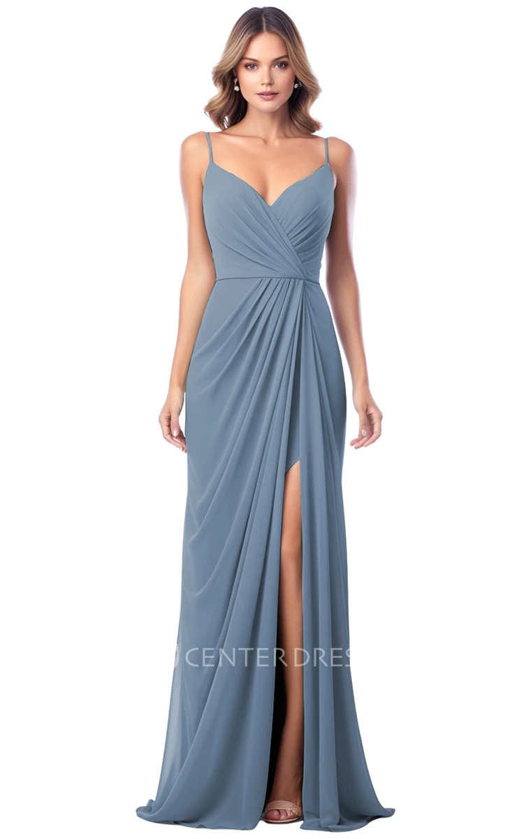 A-Line Satin V-neck Split Bridesmaid Dress Simple & Elegant