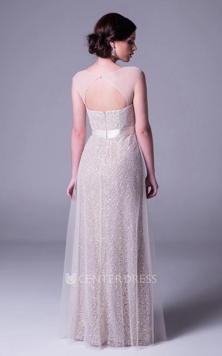 Square Neck Jeweled Cap Sleeve Tulle Bridesmaid Dress