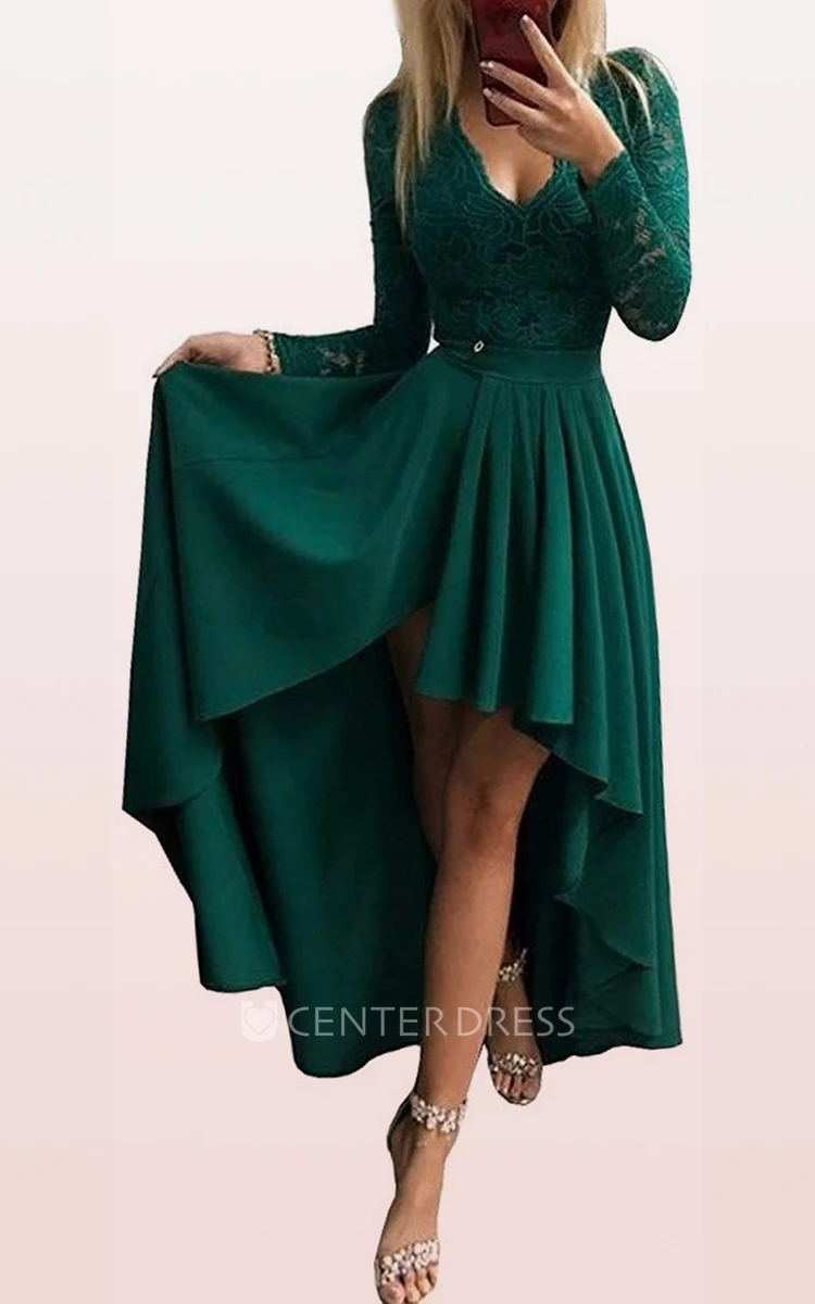 A Line Long Sleeve Taffeta Lace Modern Zipper Illusion Dress with Ruffles