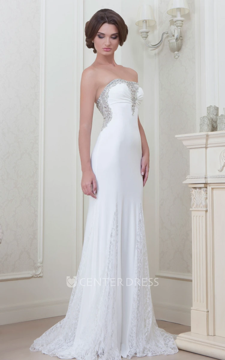 A-Line Beaded Strapless Sleeveless Floor-Length Lace Evening Dress With Appliques