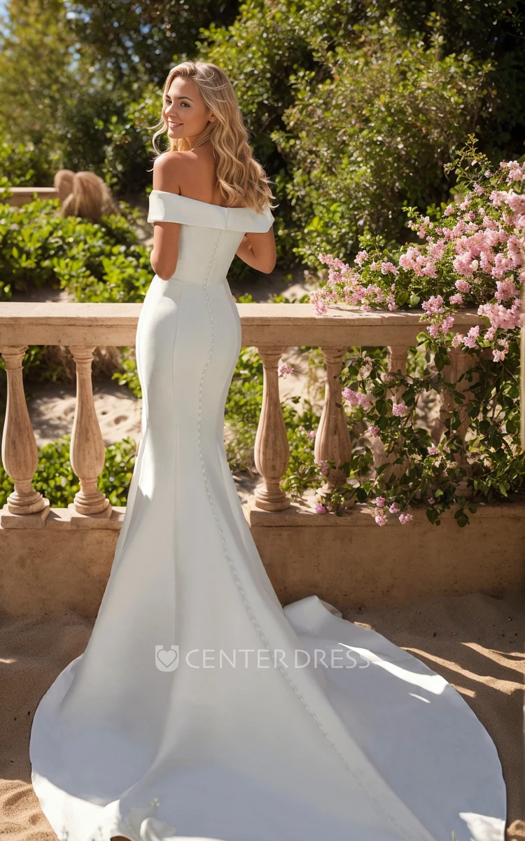 Simple Elegant Mermaid Off the Shoulder Wedding Dress Elopement Modern Wrap-Around Neckline Strapless Sleeveless Trumpet Bridal Gown