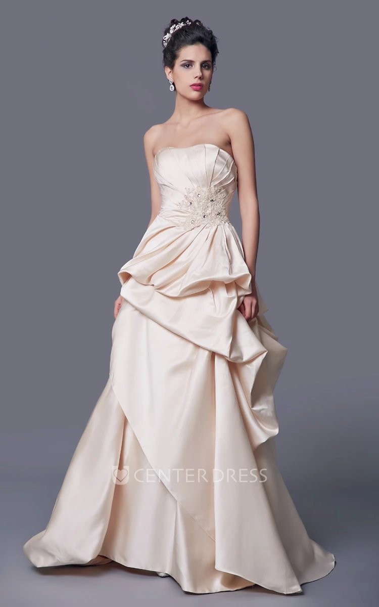 Strapless Sleeveless A-line Ruffled Satin Long Wedding Dress