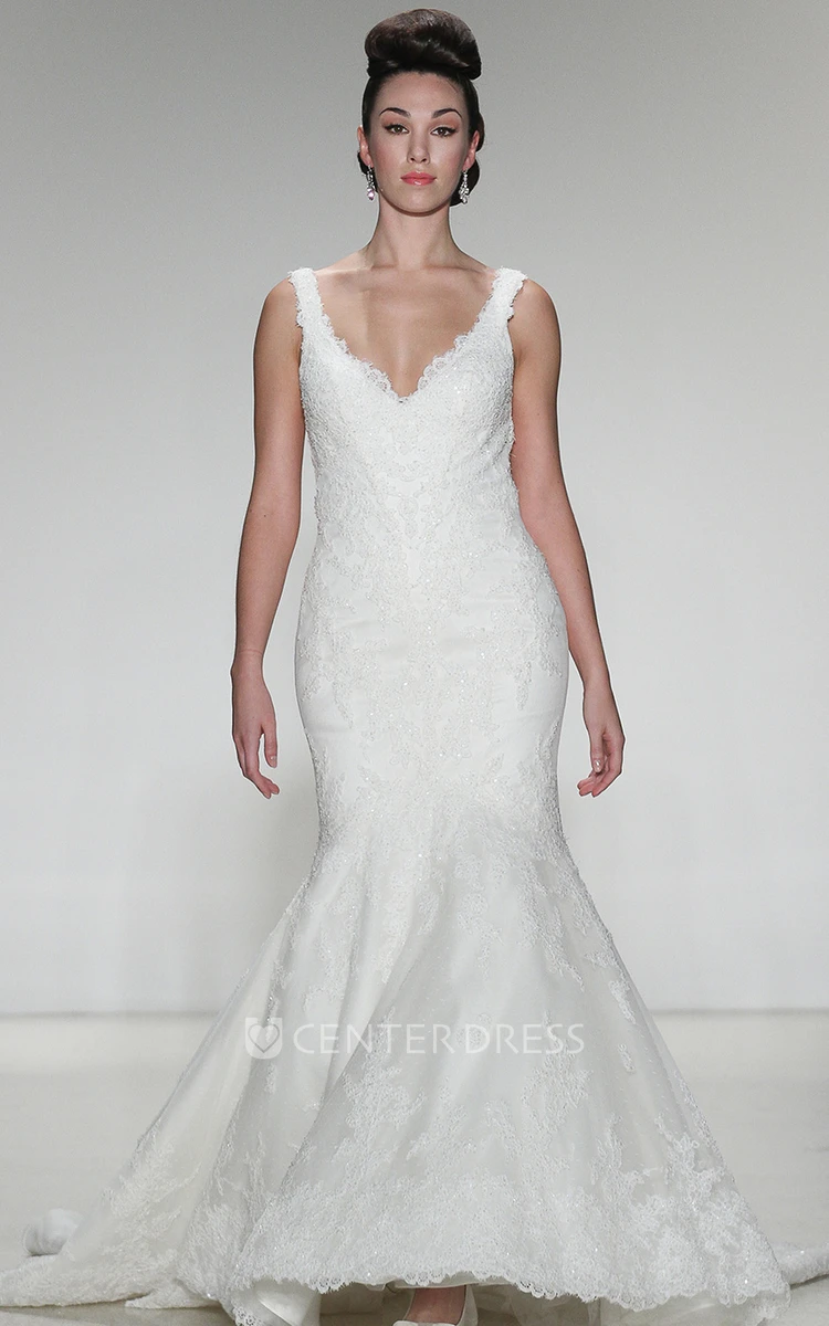 Mermaid Appliqued Sleeveless V-Neck Floor-Length Lace Wedding Dress With Court Train And Deep-V Back