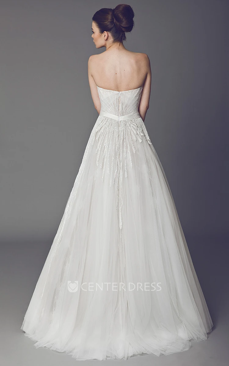 Strapless Floor-Length Ruched Tulle Wedding Dress With Brush Train And V Back