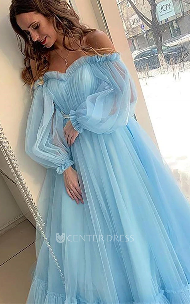 Ball Gown Long Sleeve Tulle Simple Open Back Lace-up Back Evening Dress