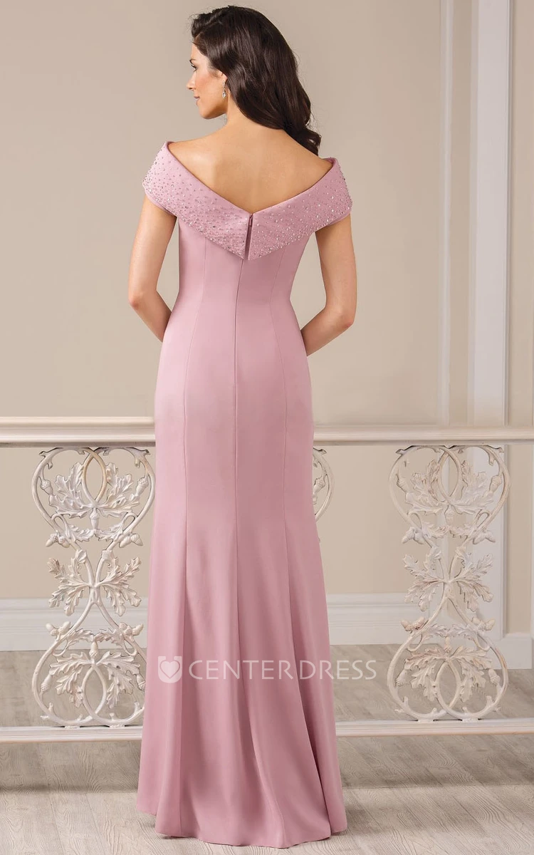 Cap-Sleeved Long Sheath Gown With Front Slit And Beadings