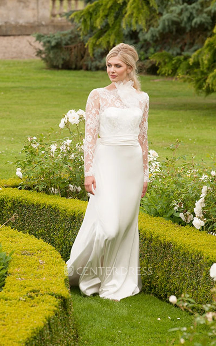 Long High Neck Long-Sleeve Floral Chiffon Wedding Dress With Sweep Train And V Back