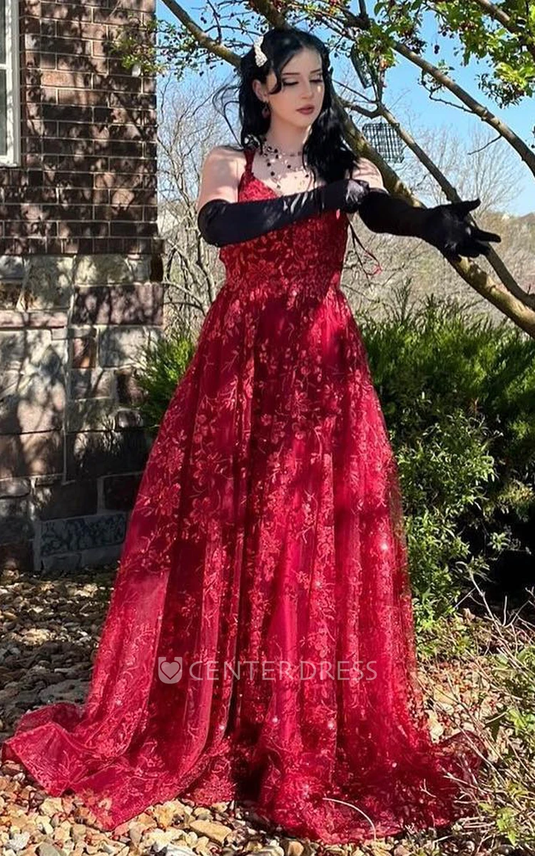 Bohemian A-Line Lace Prom Dress With Spaghetti Straps And Appliques