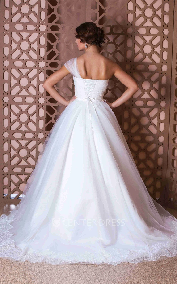 Ball Gown One-Shoulder Tulle Wedding Dress With Lace Up