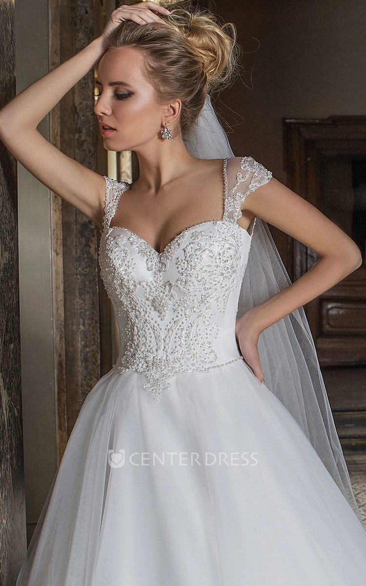 Maxi Sweetheart Cap-Sleeve Appliqued Tulle Wedding Dress With Beading And Illusion