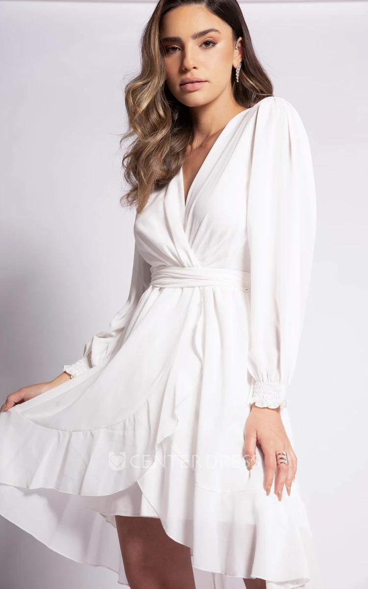 Simple A Line Chiffon Long Sleeve Short Cocktail Dress with Ruffles