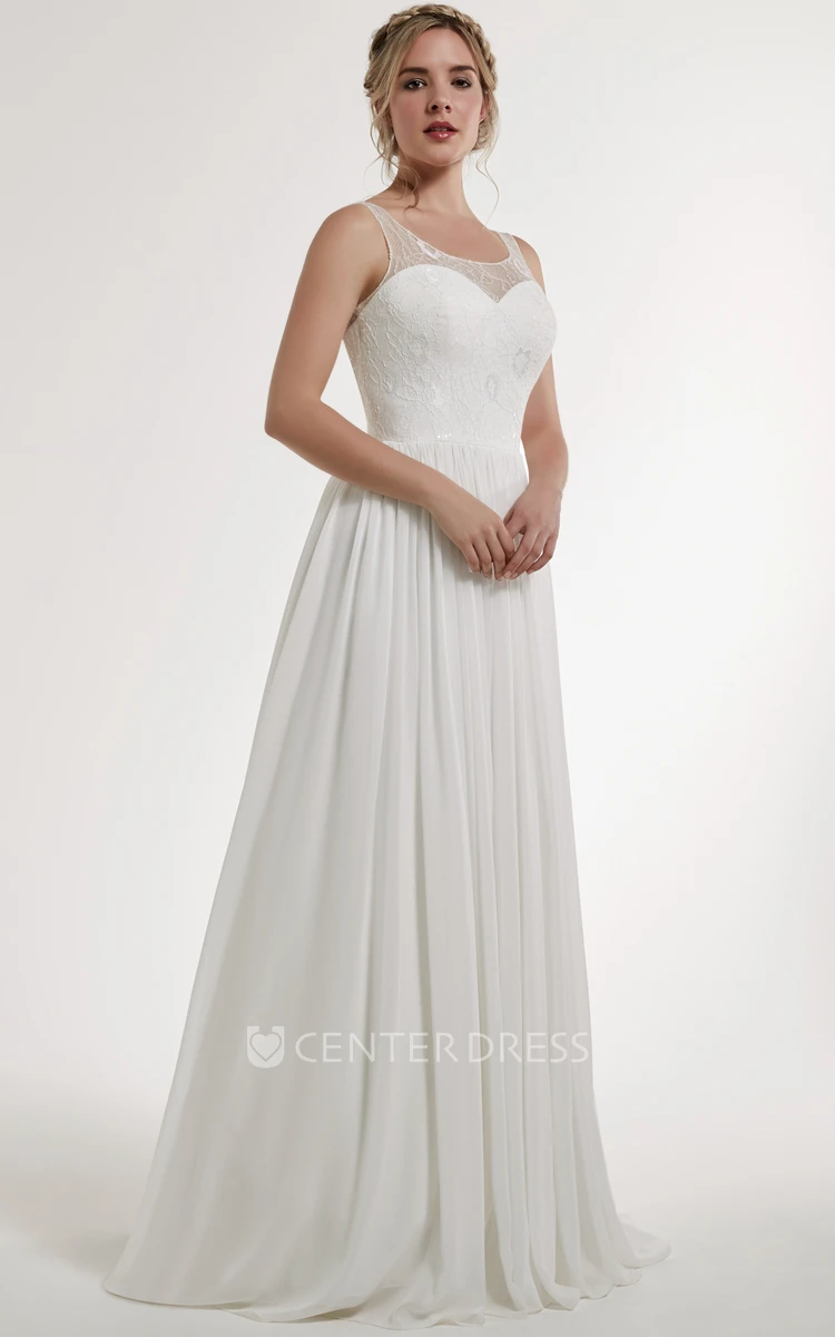 A-Line Scoop Lace Sleeveless Floor-Length Chiffon Wedding Dress With Keyhole Back And Pleats