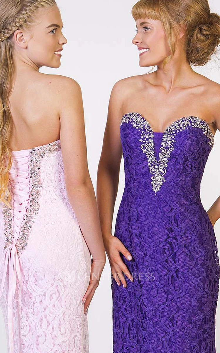A-Line Beaded Sleeveless Maxi Sweetheart Lace Prom Dress