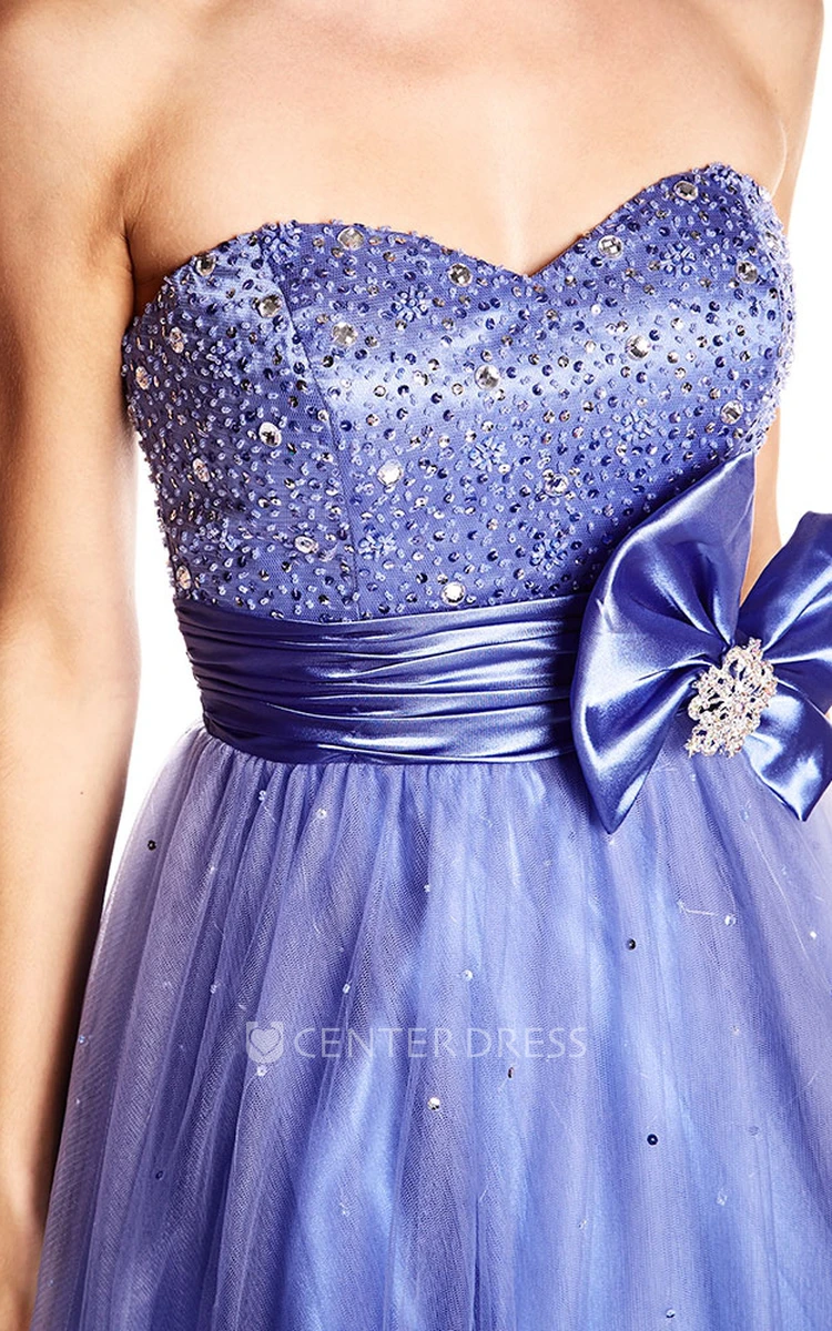 A-Line Sequined Sleeveless Sweetheart Long Tulle&Satin Prom Dress With Bow