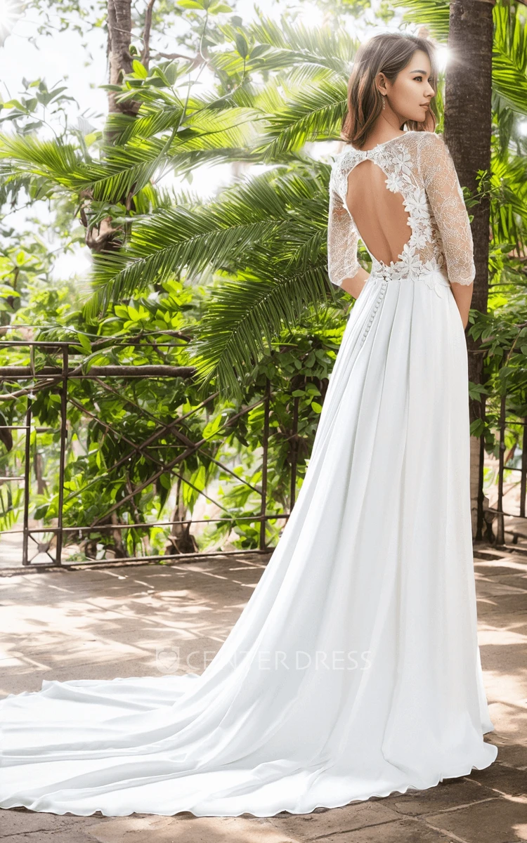 Ethereal Sexy A-Line V-neck Long Sleeve Chiffon Lace Wedding Gown Elegant Vintage Floor-length Split Front Backless Button Back Appliques Bridal Dress