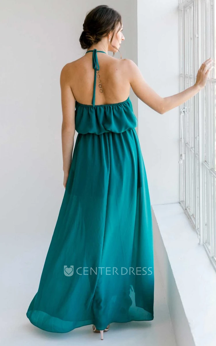 Informal Sexy A-Line Chiffon Halter Neck Bridesmaid Dress With Open Back And Split Front