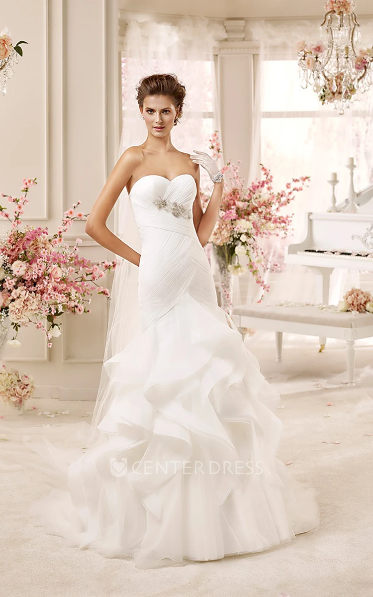 Sweetheart Sheath Pleated Wedding Dress with Cascading Ruffles and Lace-up Back