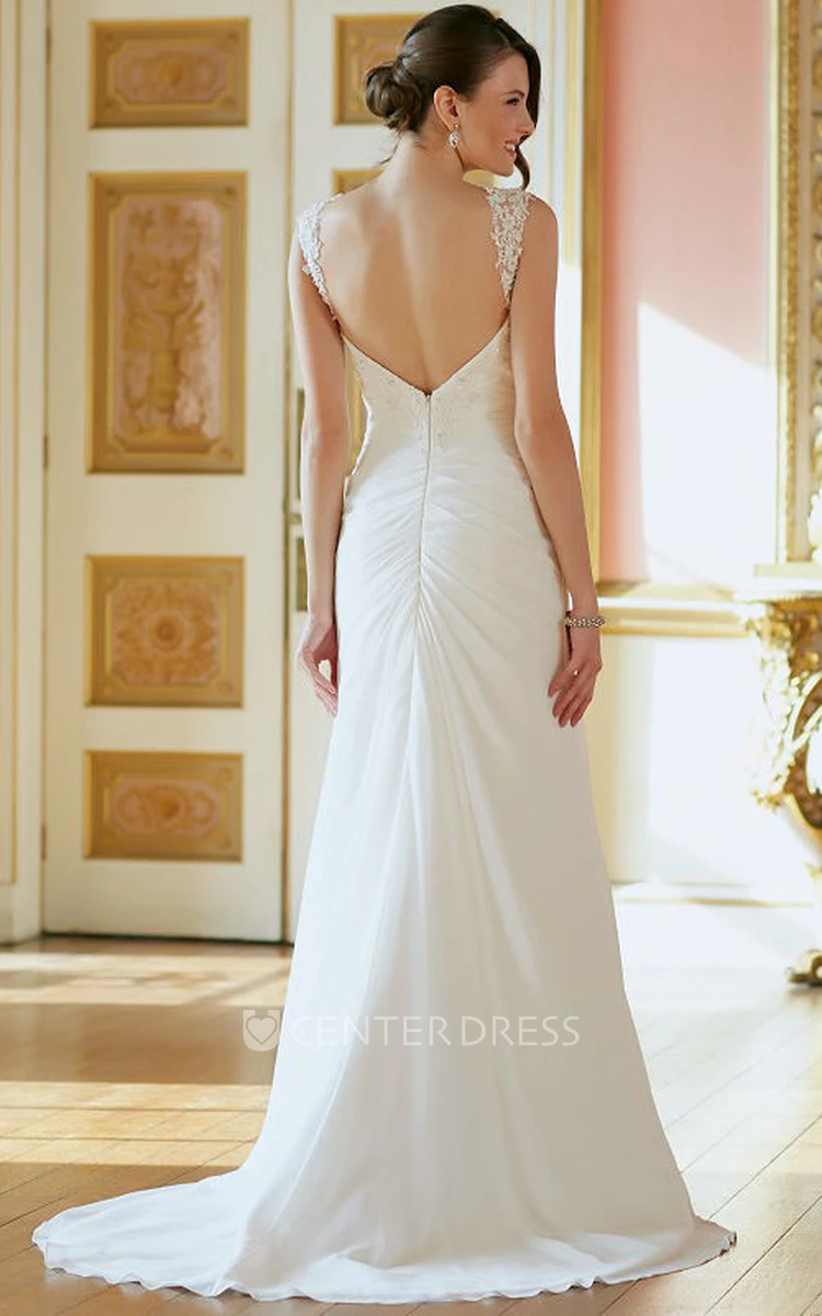 Straps Long Ruched Chiffon Wedding Dress With Appliques And V Back
