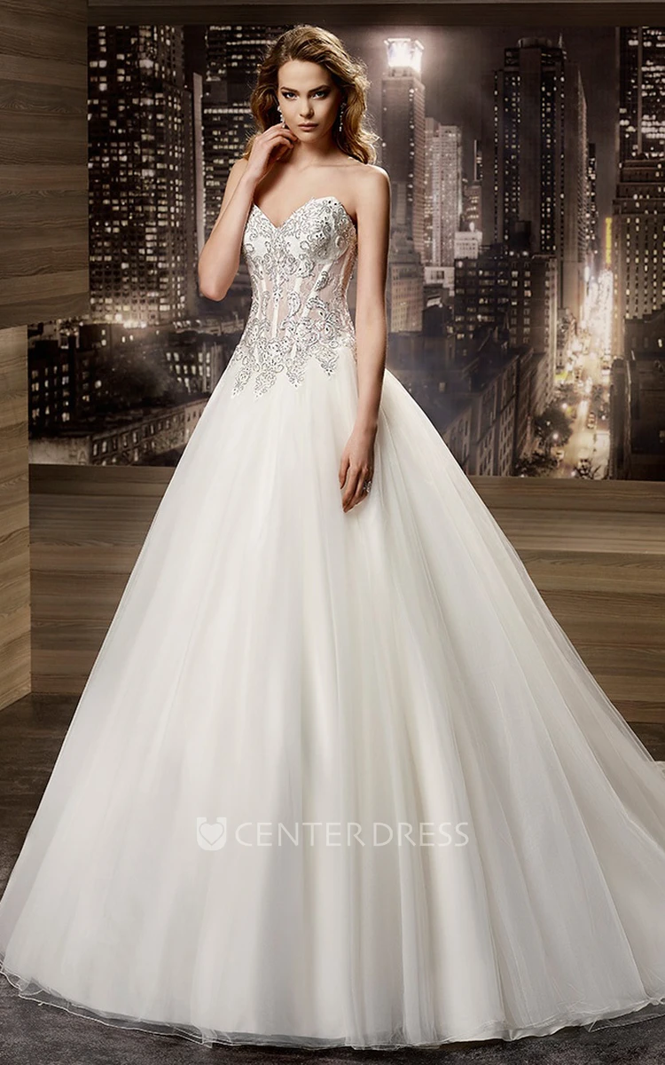 Sweetheart Brush-Train A-Line Bridal Gown With Beaded Corset
