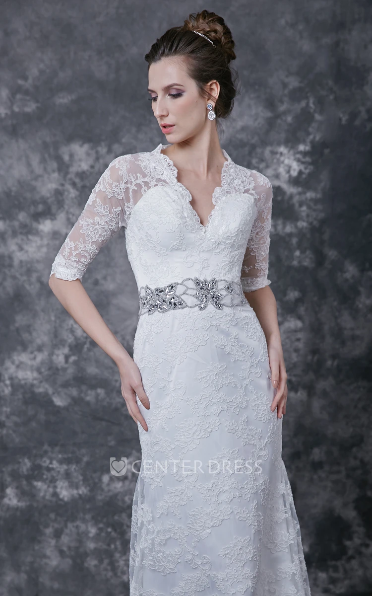 Stylish 3 4 Sleeve Long Lace Dress With Crystal Embellished Waist