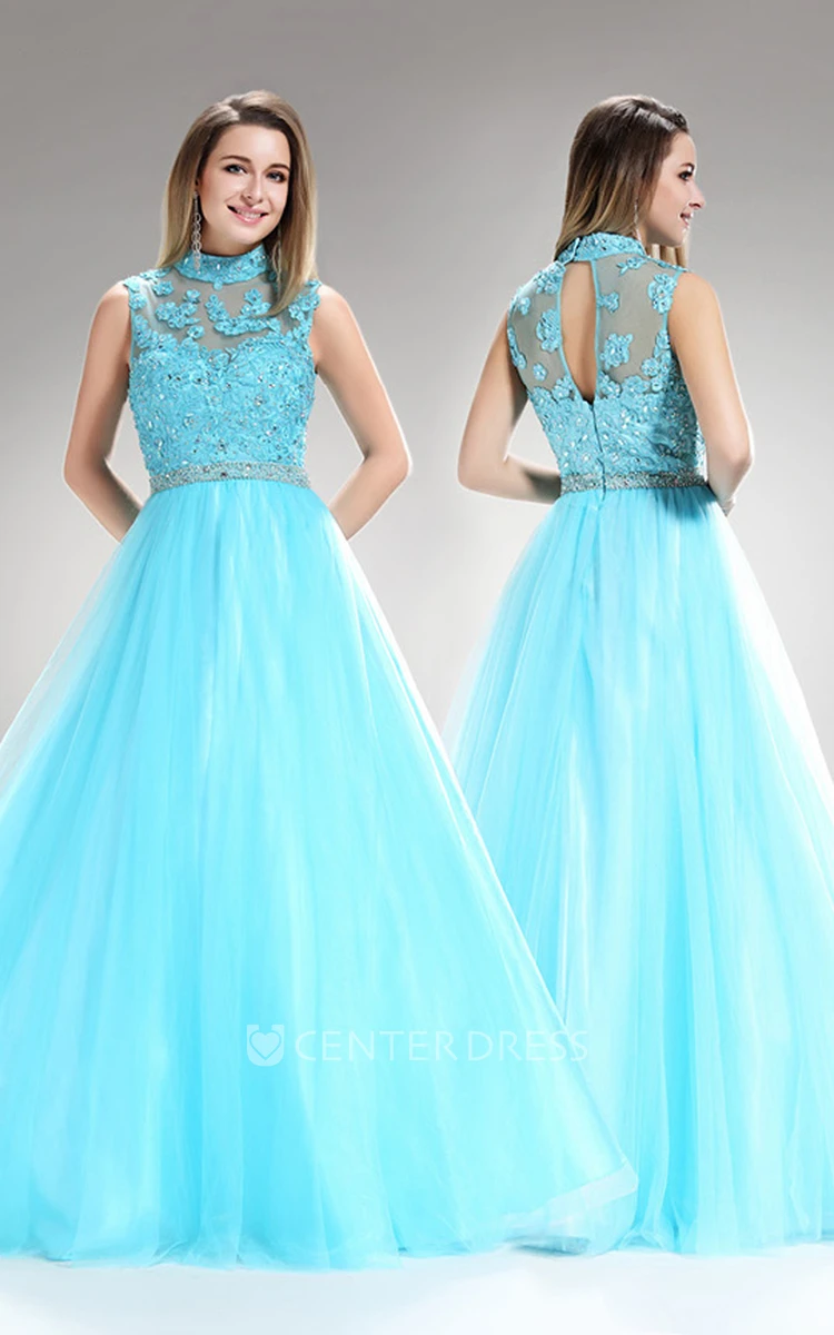 A-Line High Neck Sleeveless Tulle Illusion Dress With Appliques And Beading