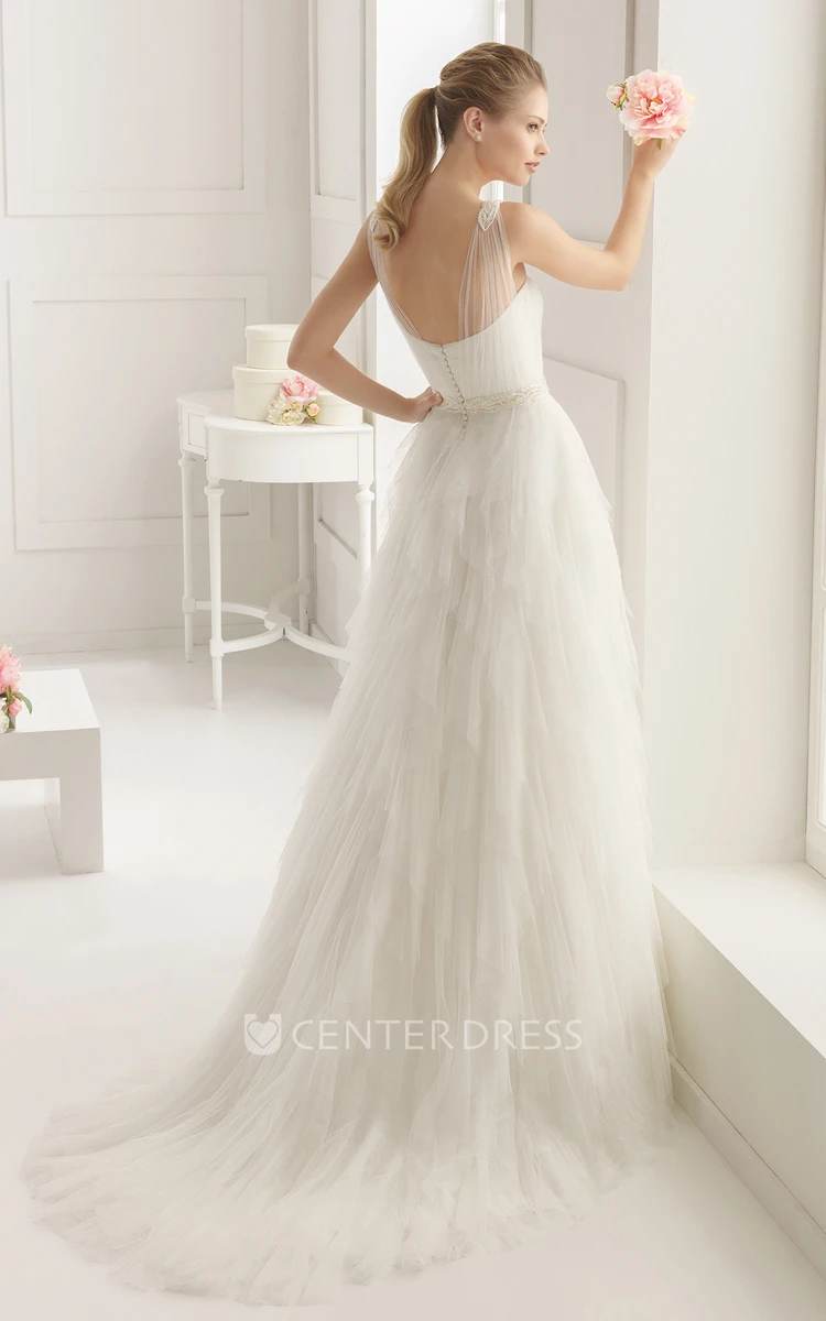 Stunning Top-ruched Layered Gown With Beaded Tulle Straps