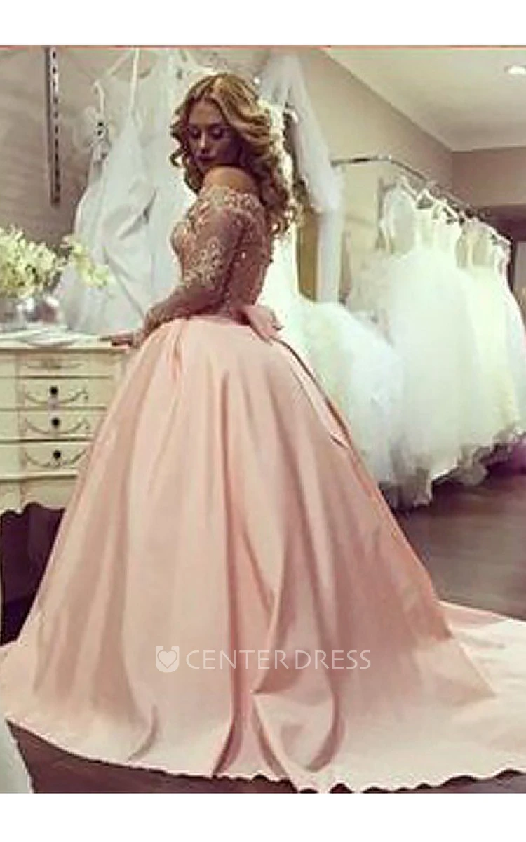 Illusion Long Sleeve Sweep Brush Train Ball Gown Off-the-shoulder Satin Lace Dress